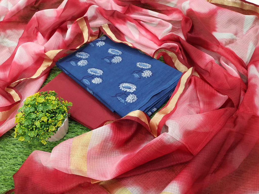 jaipuri Blue and Crimson Cotton suit with kota silk dupatta for women