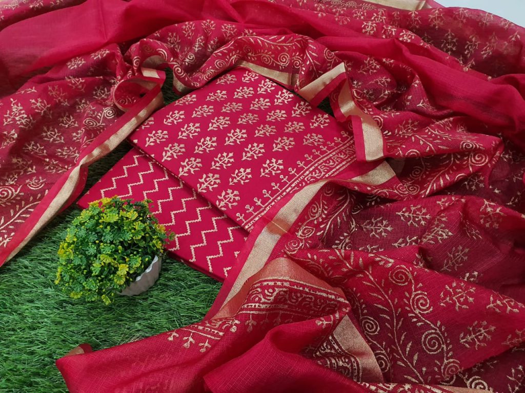 Natural Crimson Cotton suit with kota silk dupatta for women