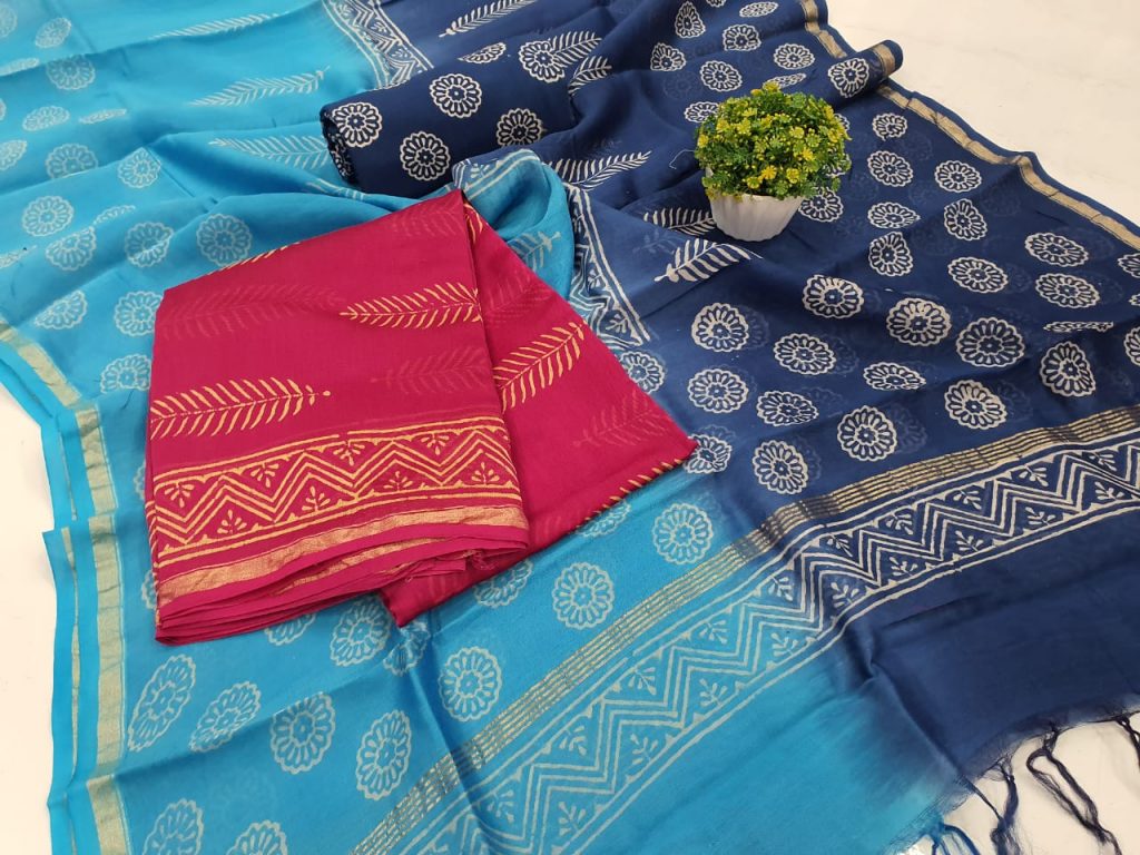 Cyan and blue Chanderi Silk suit chanderi dupatta for women