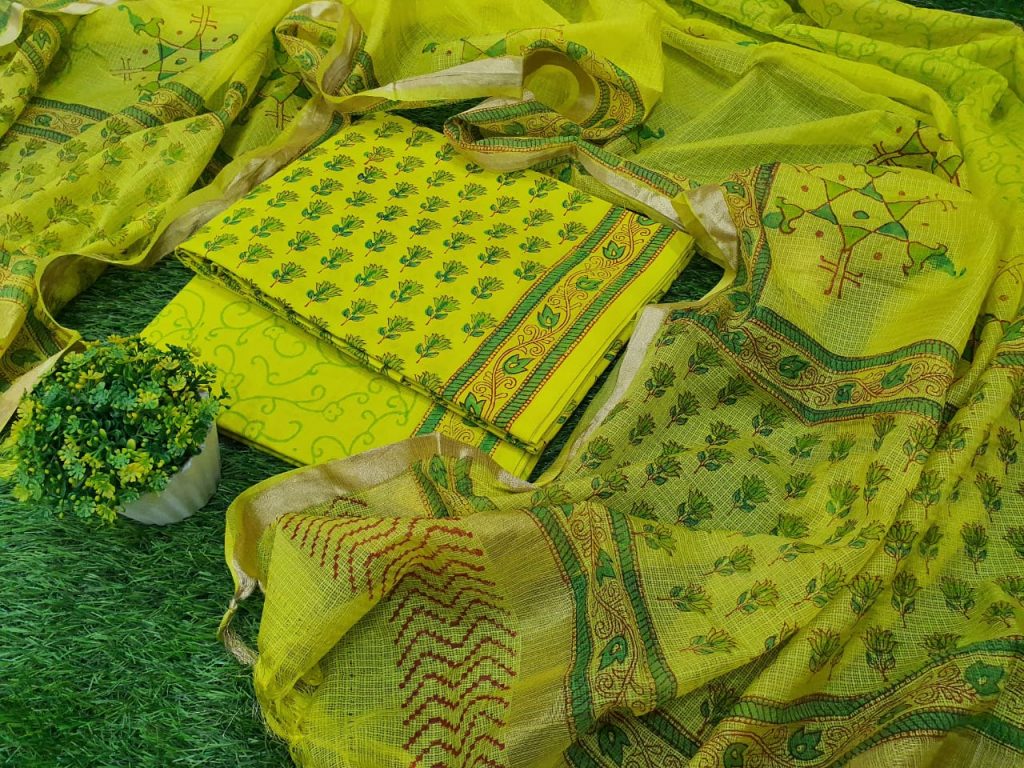 Office wear Traditional Lime Cotton suit with kota silk dupatta