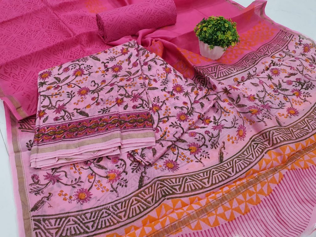 Pink Rapid Printed chanderi silk suit with cotton bottom