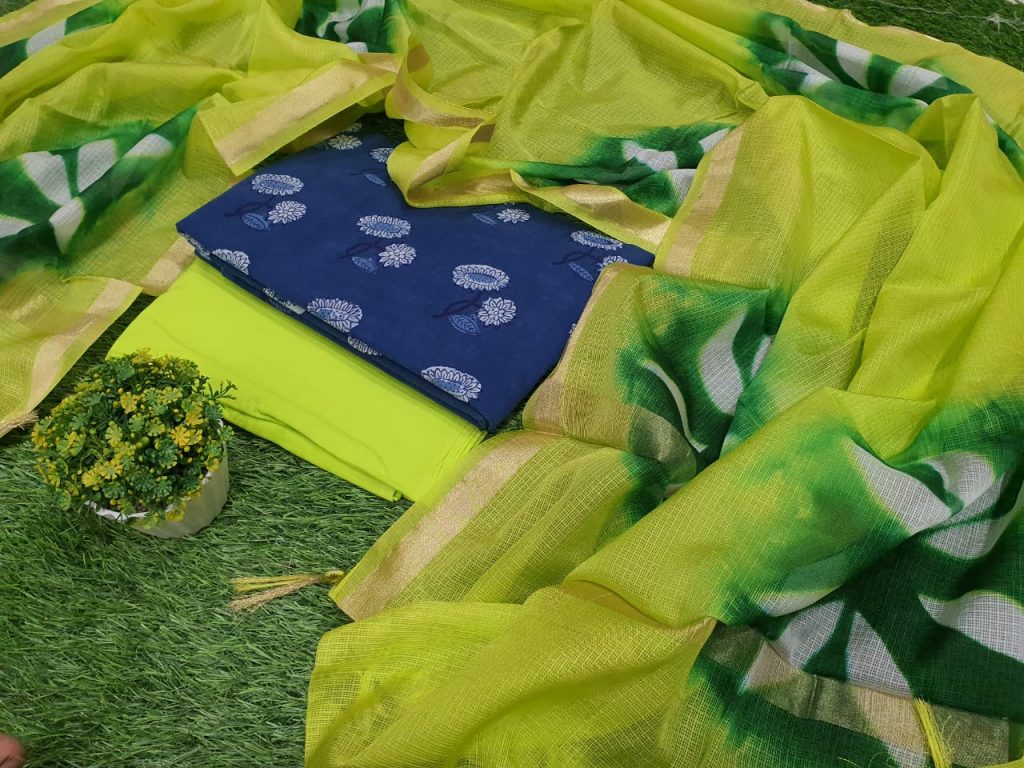 Blue and Lime Cotton suit kota Silk dupatta for women