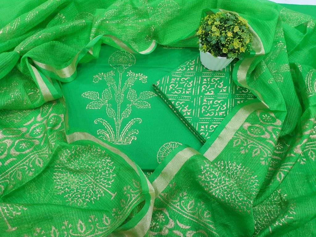 Green beautiful Cotton suit with kota silk dupatta