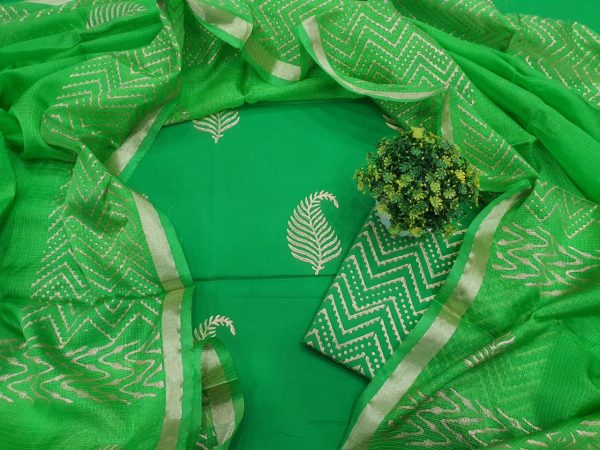 Natural green Cotton suit with kota silk dupatta for women