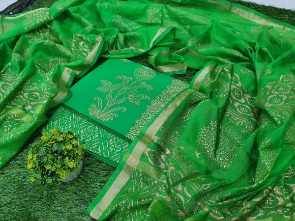 Green beautiful Cotton suit with kota silk dupatta
