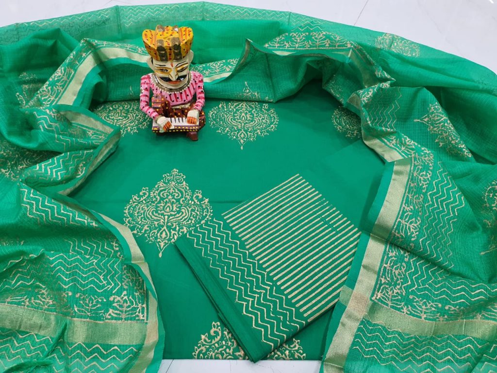Exclusive Jungle green Cotton suit with kota silk dupatta for women