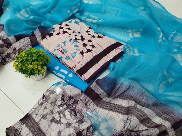 Bright blue black batik printed cotton chudidhar set with kota doria dupatta
