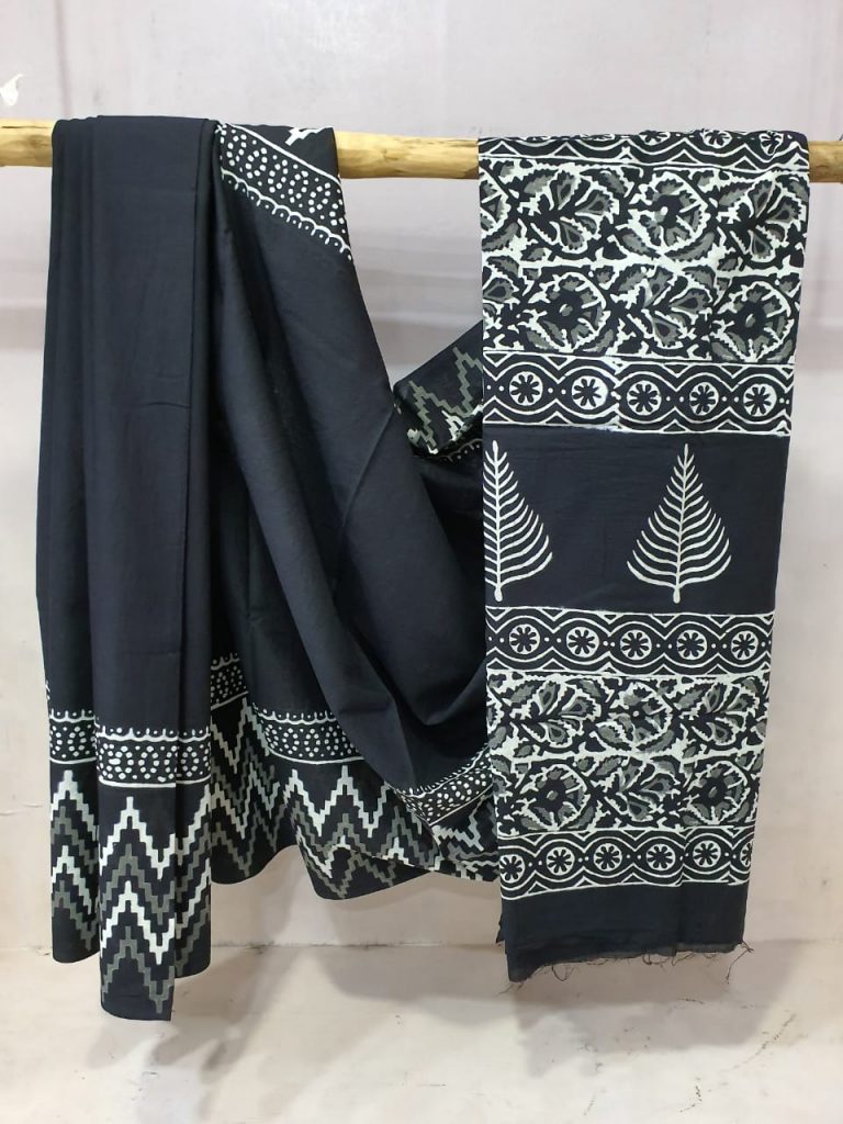 jaipuri Black Cotton mulmul saree with blouse