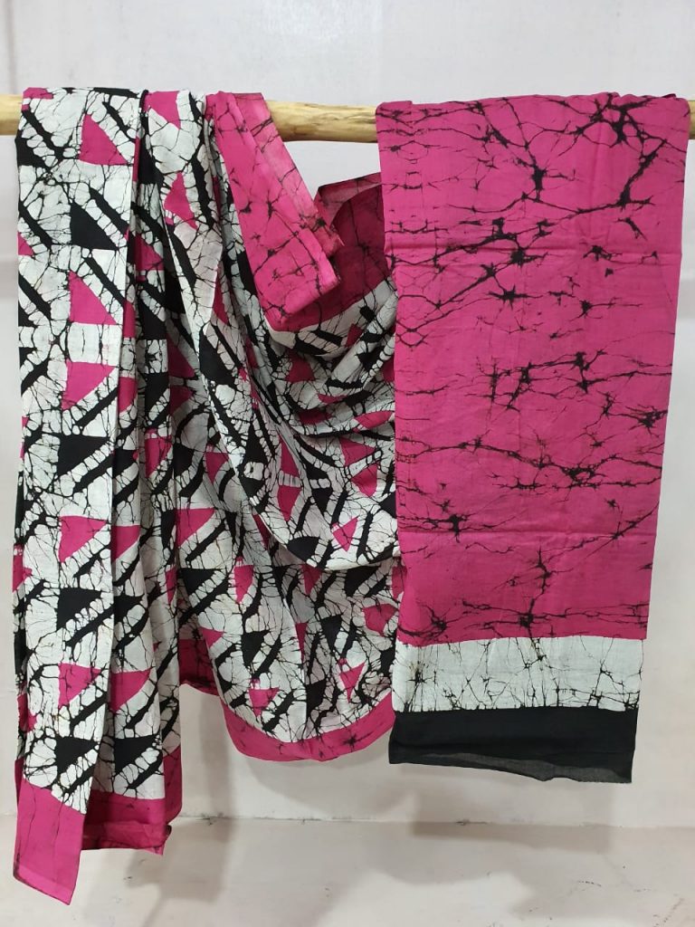 Unstitched Pink and Black cotton mulmul saree with blouse