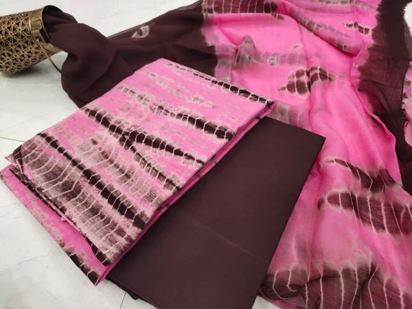 Pink and Seal Brown cotton salwar suit set with chiffon chunni