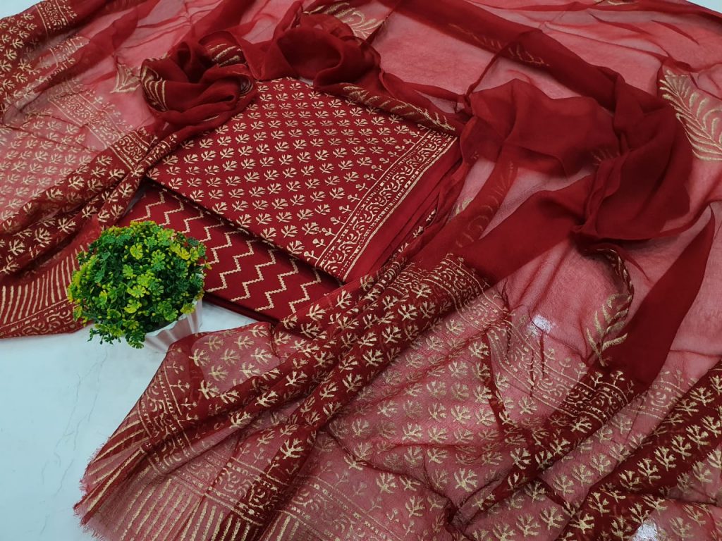 beautiful Burgundy cotton salwar suit set with chiffon chunni