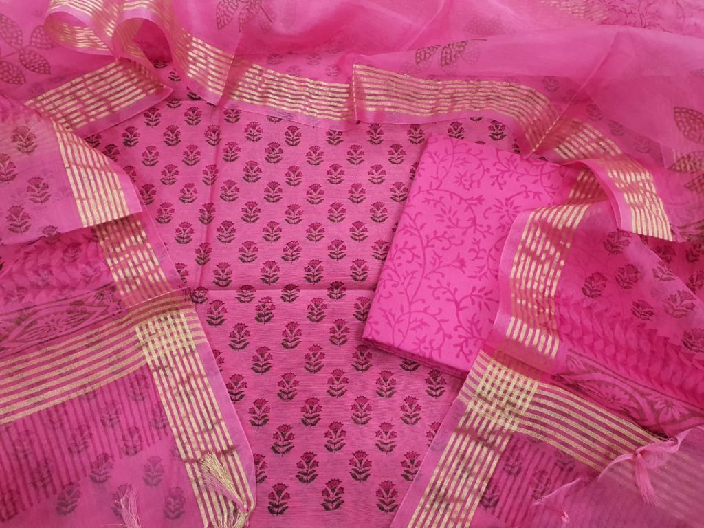 pink chanderi silk suit with organza dupatta