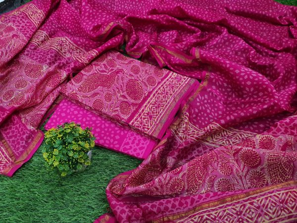 Magenta rose bagru print chanderi suit for ladies