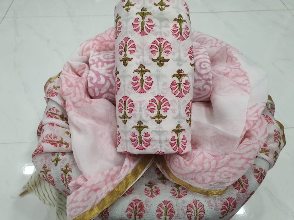 Unstitched White and pink floral print zari border cotton suit Chiffon dupatta