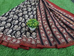 Bagru print carmine and black Chanderi saree with blouse