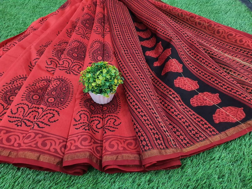 jaipuri Orange-red Chanderi saree with blouse