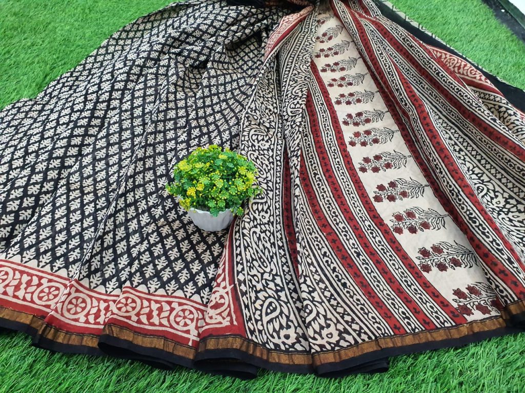 bagru print Carmine and black Chanderi saree with blouse