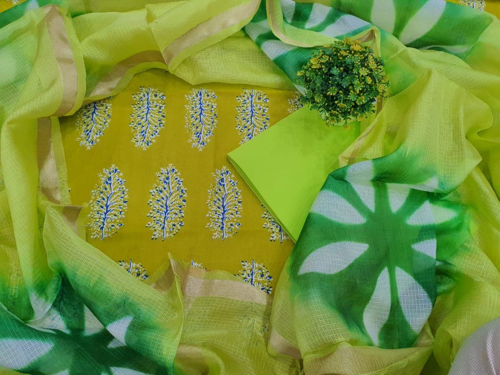 Exclusive green Cotton suit kota Silk dupatta