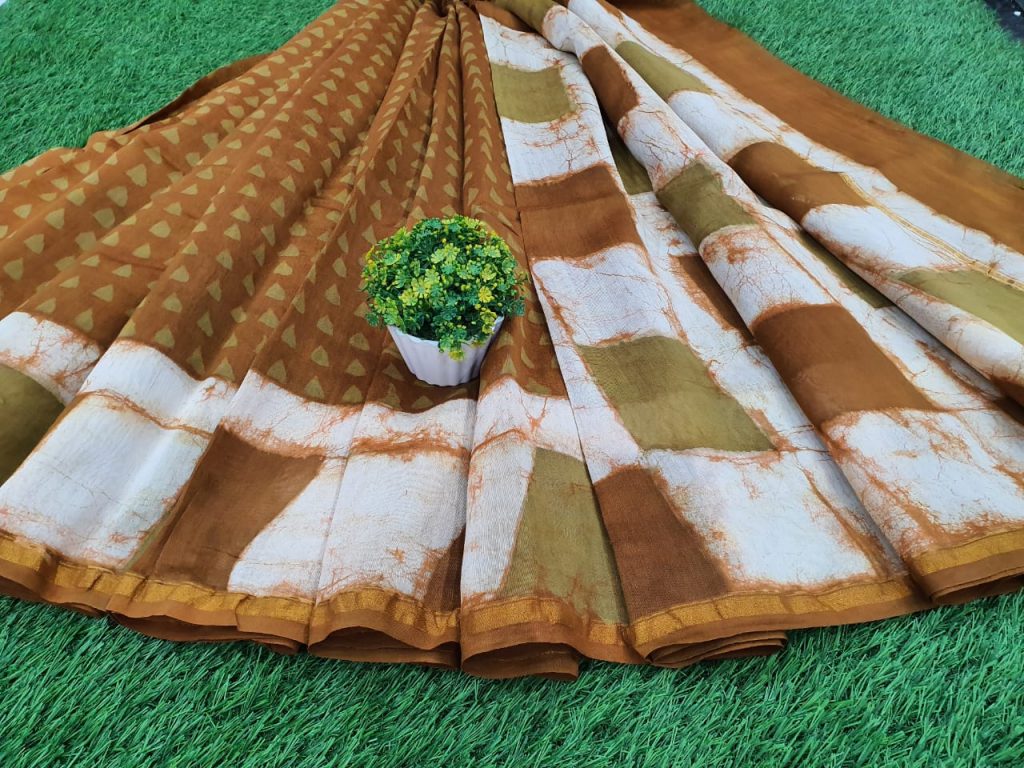 jaipuri Brown and white Chanderi silk saree for Women