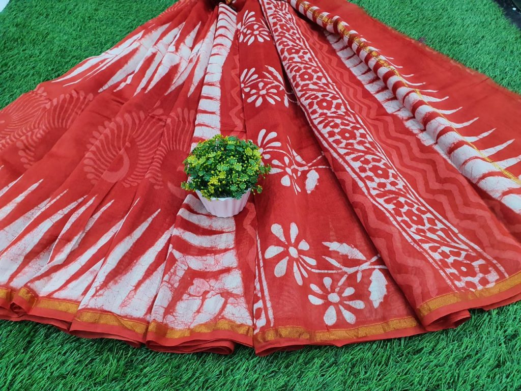 Batik print Scarlet Chanderi saree with blouse