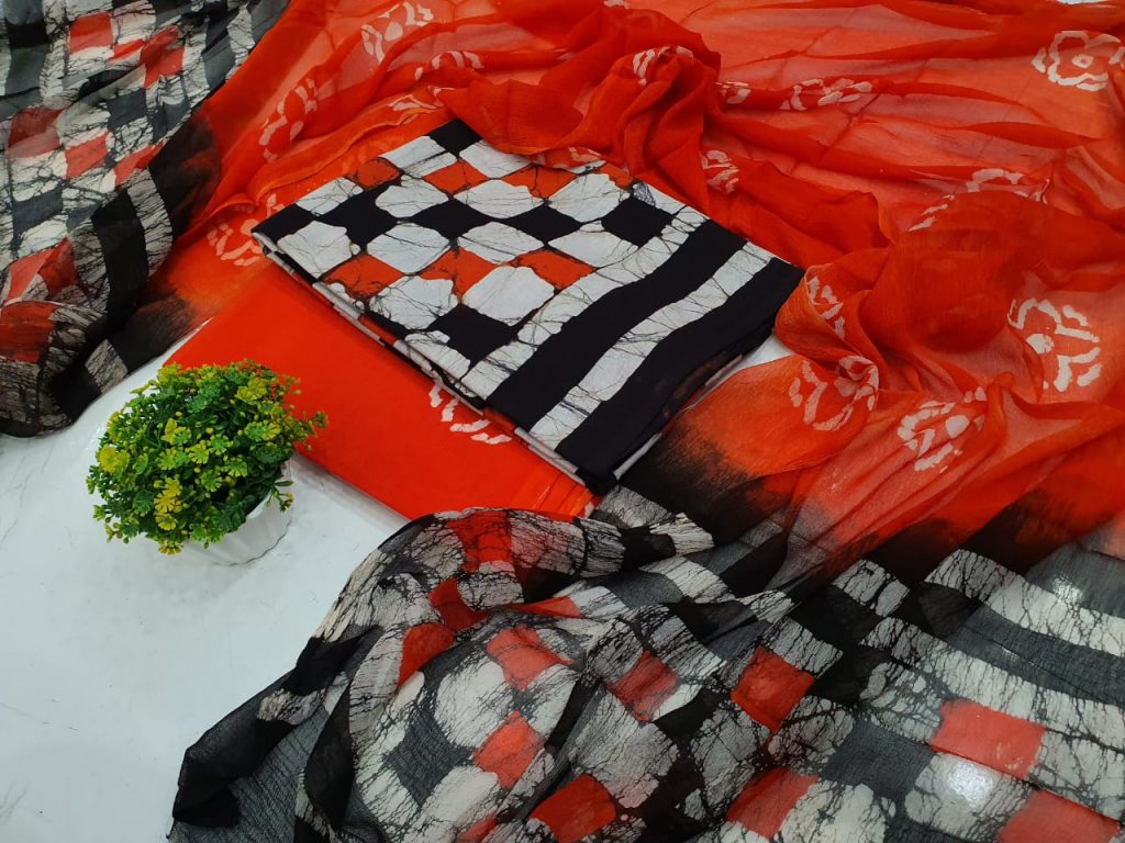 Orange-red and Black pure chiffon dupatta dress material