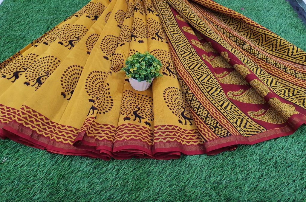 Traditional Yellow Chanderi silk saree for ladies