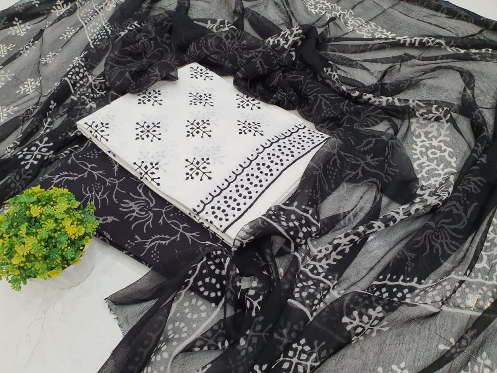 black and White Pure cotton suit set with chiffon dupatta