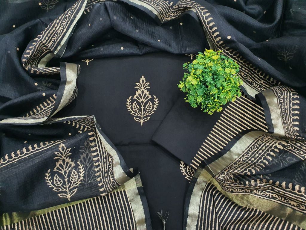 Unstitched black Cotton suit kota Silk dupatta for women