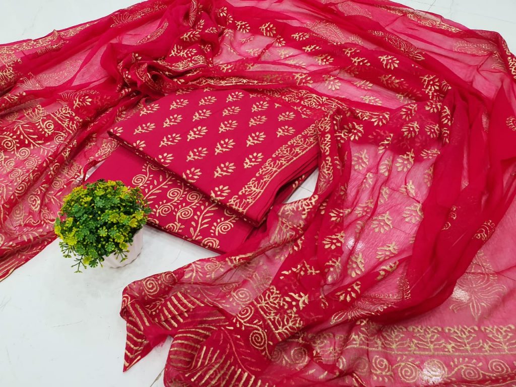 unstitched Crimson cotton salwar suit set with chiffon chunni