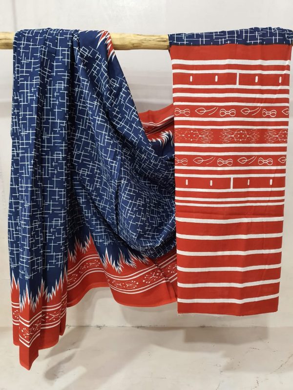 Casual wear Red blue Cotton saree with blouse