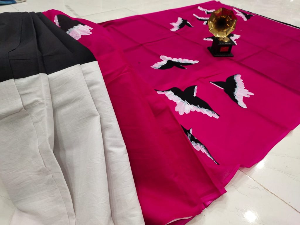 daily wear Pink and Black Cotton saree with blouse