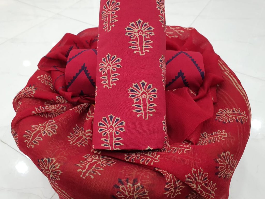 jaipuri crimson chiffon dupatta suit with salwar kameez set