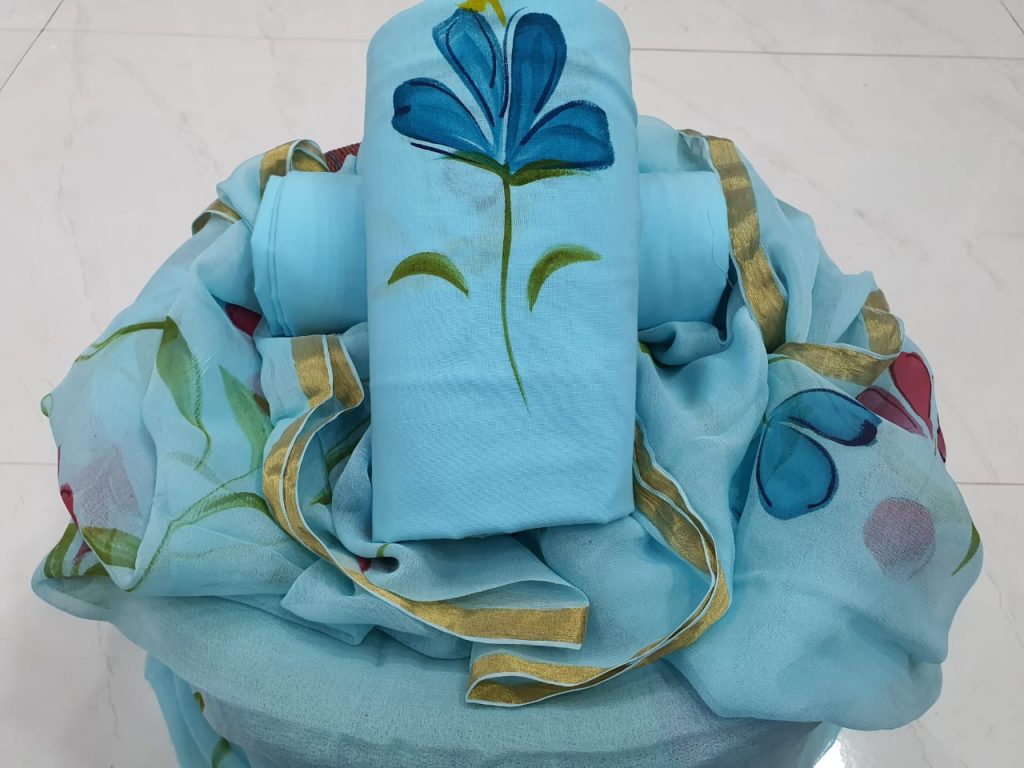 Unstitched Cyan Hand painted zari border cotton chudidhar set