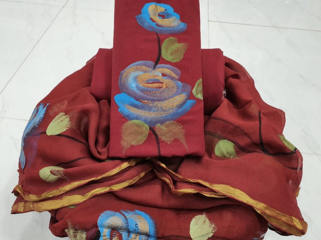 Maroon Hand painted zari border floral print cotton chudidhar set