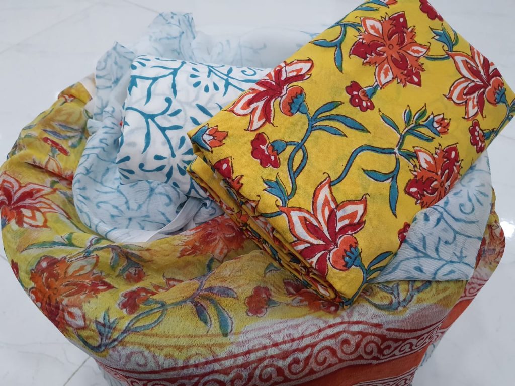 Superior quality floral rapid print Lemon and White chiffon chudhidar set