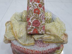 Exclusive White floral print zari border cotton suit Chiffon dupatta