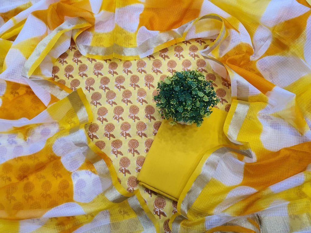 Traditional Yellow and white Cotton suit kota Silk dupatta
