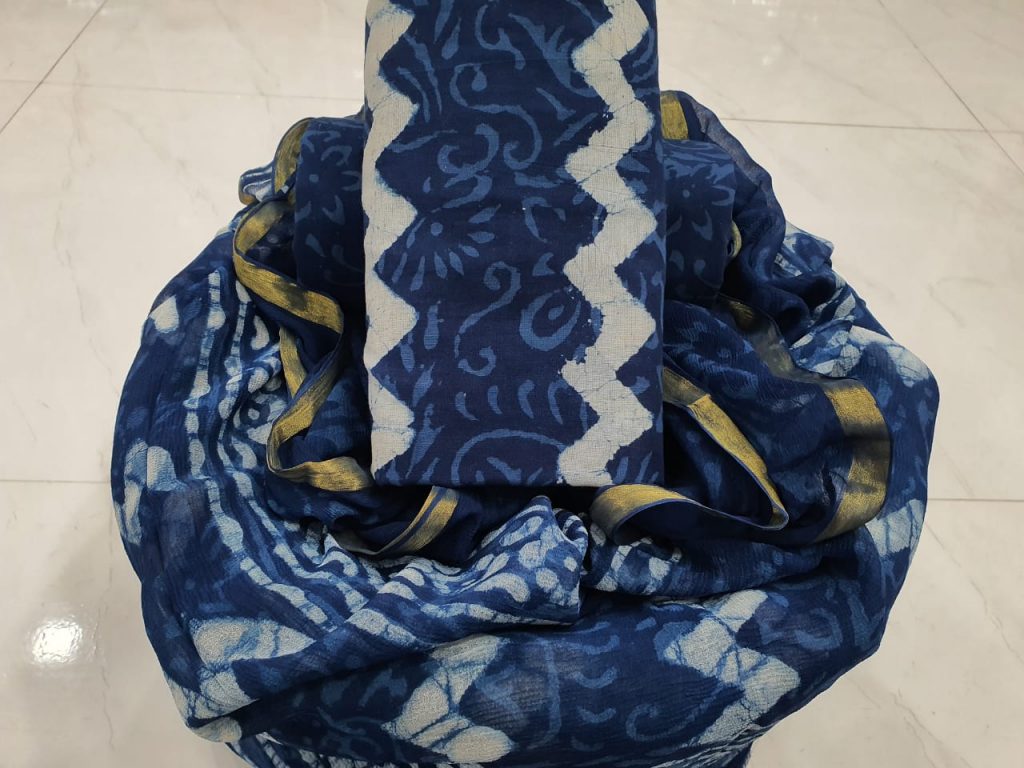 Traditional Indigo blue zari border cotton suit pure chiffon dupatta