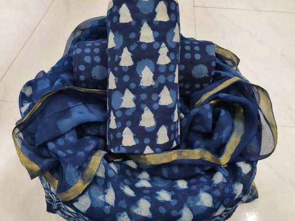 Natural indigo blue zari border cotton suit pure chiffon dupatta