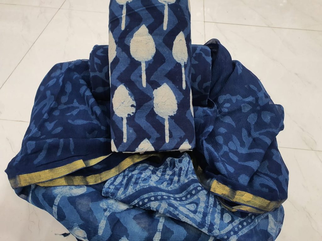 Superior quality indigo blue zari border cotton suit pure chiffon dupatta