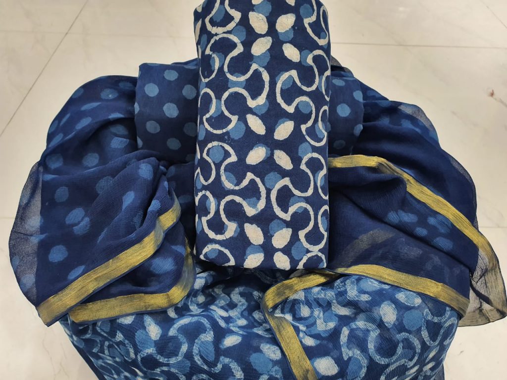Exclusive Persian blue zari border cotton suit pure chiffon dupatta