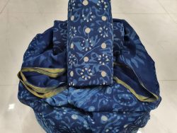 beautiful indigo blue zari border cotton suit pure chiffon dupatta