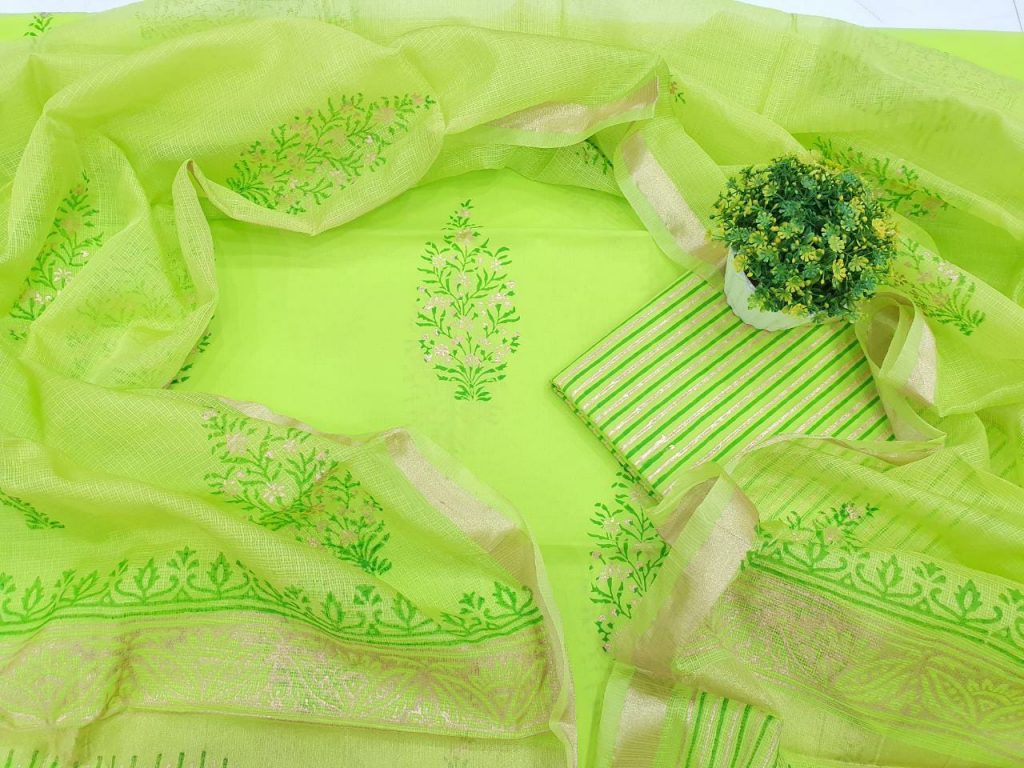 Natural lime Cotton suit kota Silk dupatta
