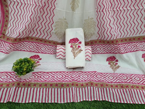 Floral print pink and white Cotton dupatta suit set