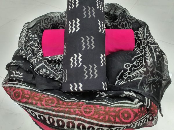bagru print pink and taupe chiffon dupatta with chuddhidar set