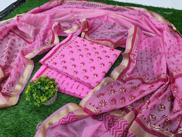 Exclusive pink Cotton suit kota Silk dupatta