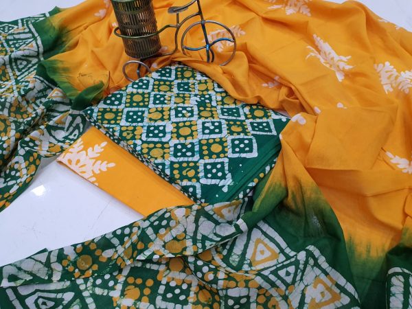 Yellow and green Cotton dupatta suit with salwar Kameez set