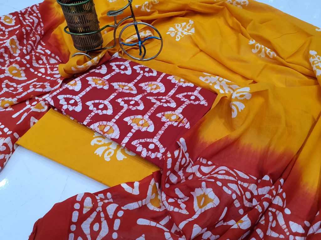Crimson and Yellow Cotton dupatta suit with salwar Kameez set