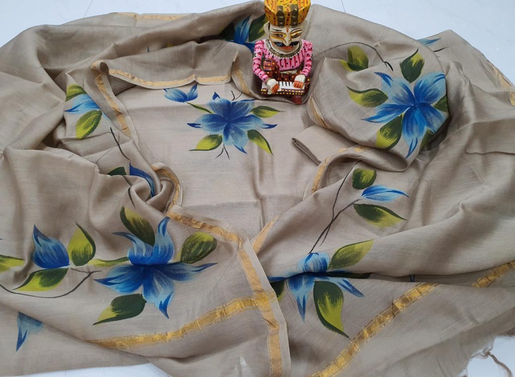 Light Tan Floral print hand brush painted chanderi salwar kameez suit
