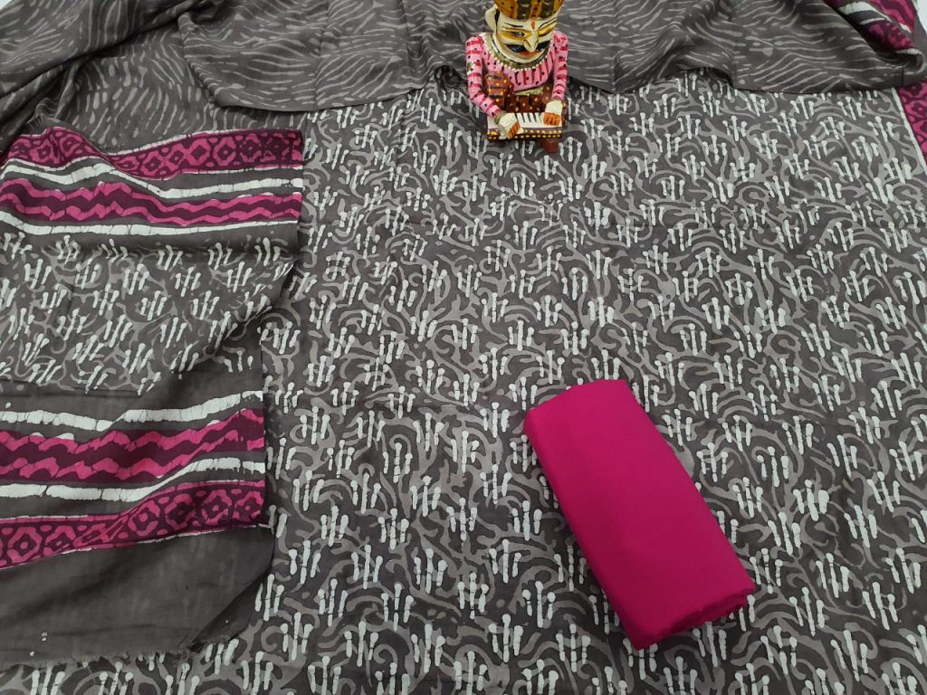 bagru print Taupe and magenta pink cotton suit set